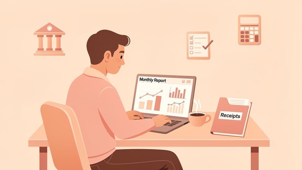 Night auditor reconciling hotel daily sales report with accounting system printouts